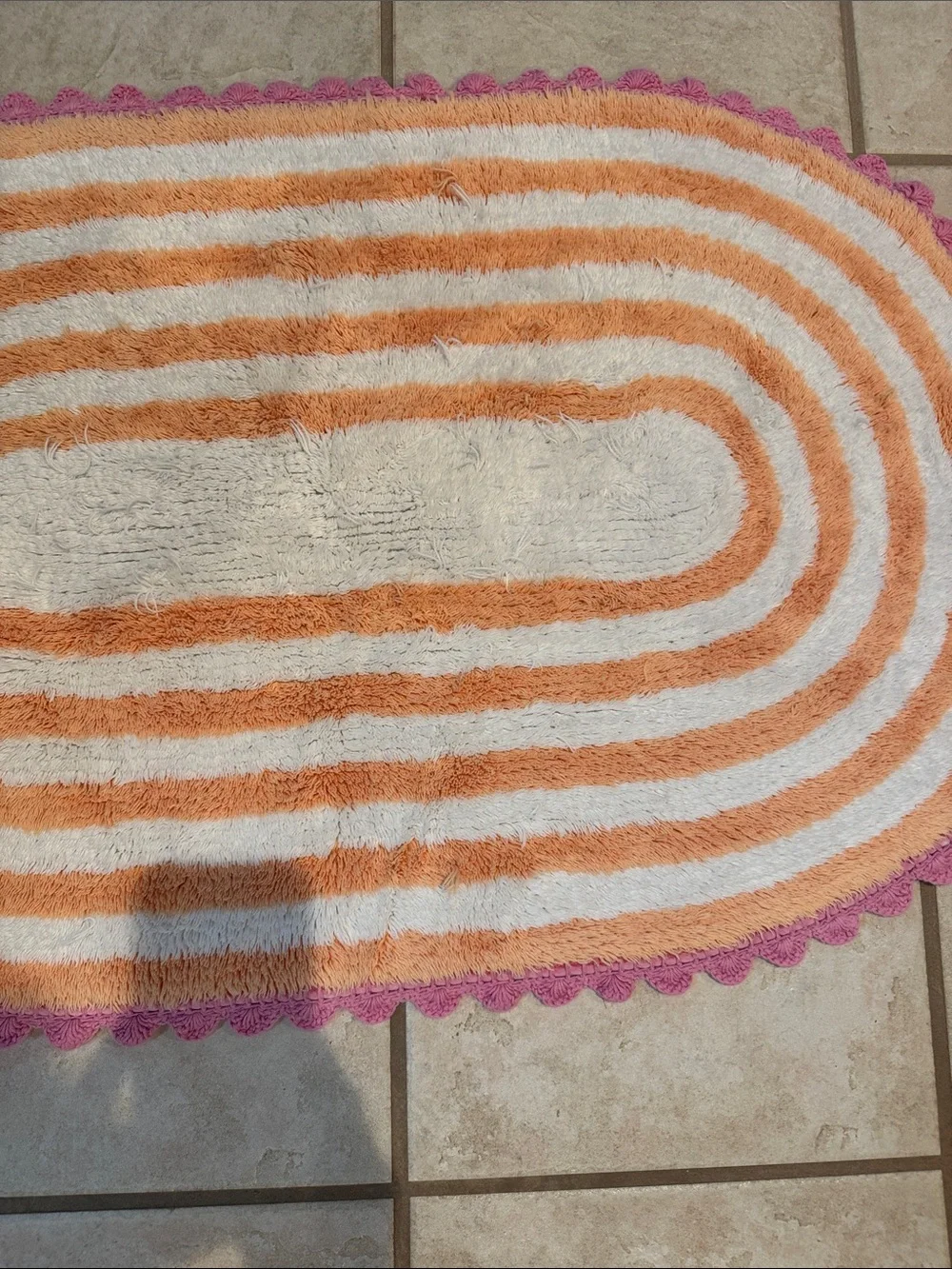 Rug Mat White and Orange Striped Oval Door Mat with Pink Scalloped Edge